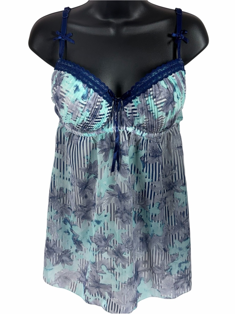 LA VIE EN ROSE loral Babydoll Chemise - Navy & Aqua size large
